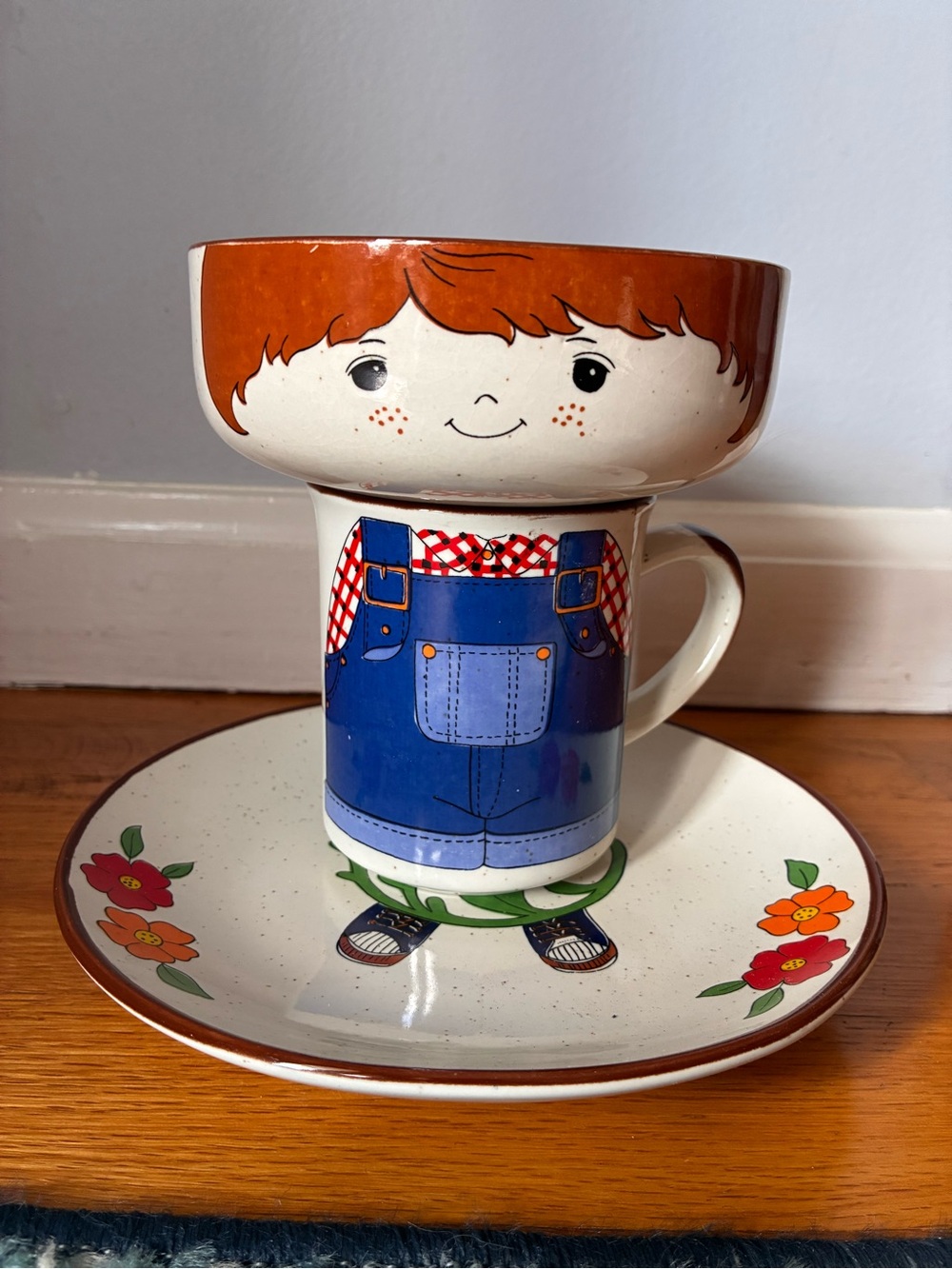 1970s Ceramic Kids’ Farmer Boy Cup, Bowl & Saucer Dinner Set (3 items)